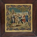 A 19th century Jewish embroidered scene of Daniel thrown into the den of lions,, 49cm x 43cm