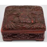 A Chinese 19th century red cinnabar lacquer box depicting a figural scene, H.4.5cm W.10cm D.8.5cm