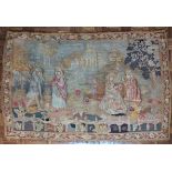 A 17th century Flemish tapestry depicting lovers within a park wearing chaperons, H.105cm W.150cm