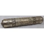 A large Tibetan silver scroll case, pierced and scrolling decor, bearing Hebrew inscription Megillah