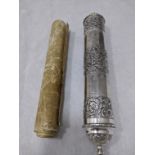 A Megillah Esther scroll with a silver Megillah case, unmarked