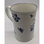 A First Period Worcester porcelain jug, decorated with blue and white flora and fauna, moon mark