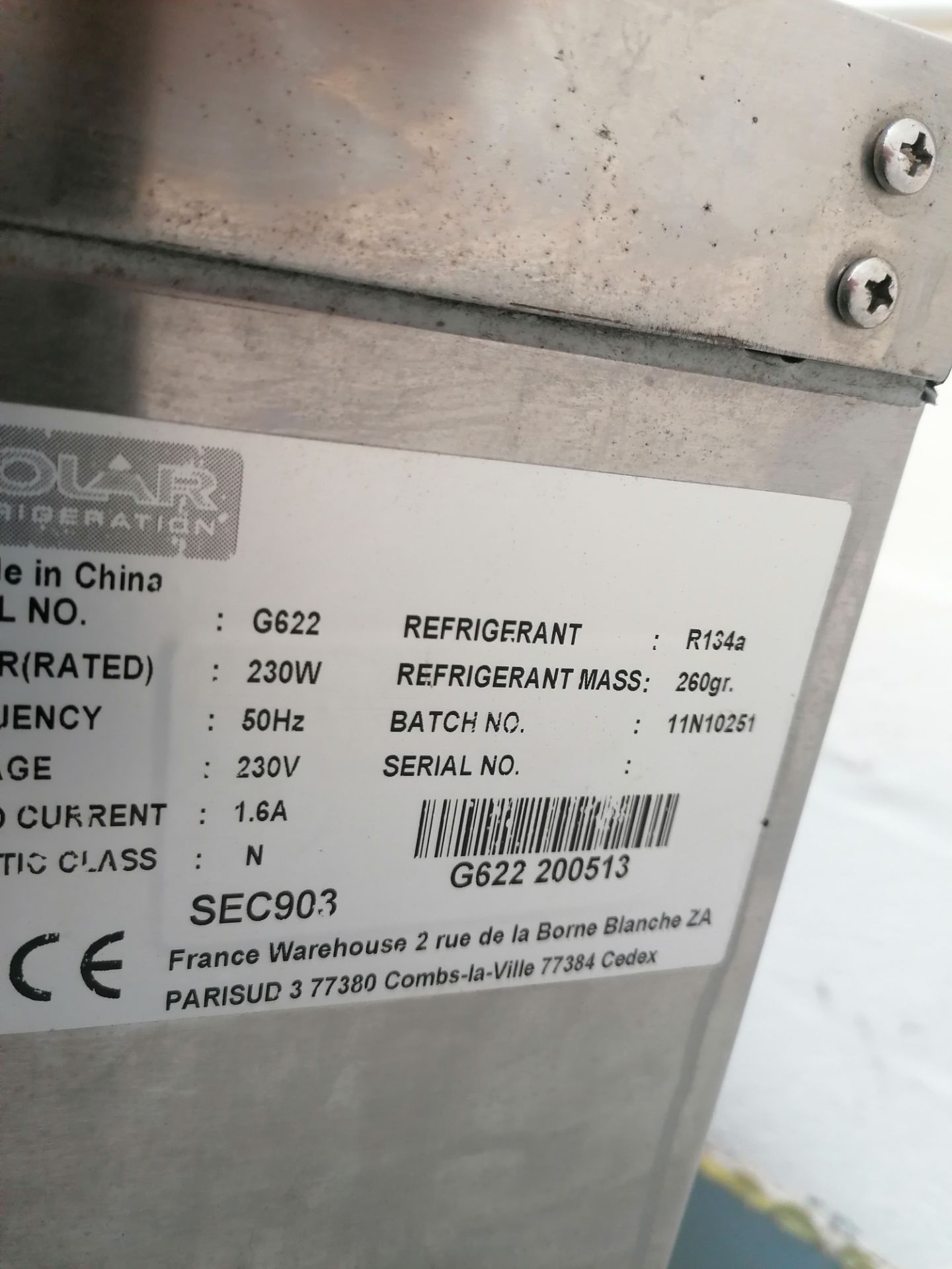 Polar G662 S/S 3 door refridgerator, Serial No. 9622-200513 - Image 5 of 5