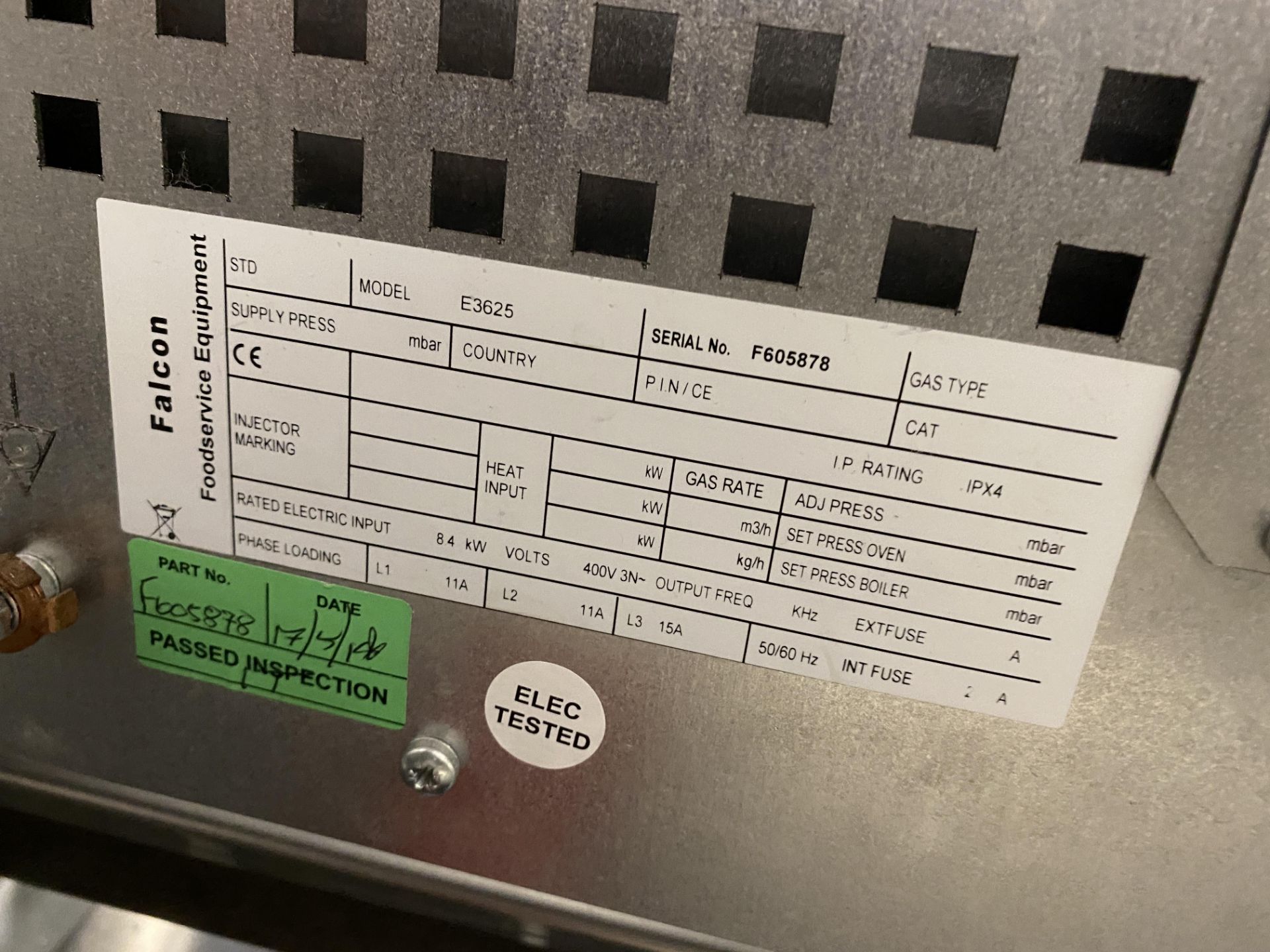 Falcon Dominator Plus, E3625 Electric Char Grill on Fixed Stand, Serial No.F605878 - Dimensions - Image 10 of 11