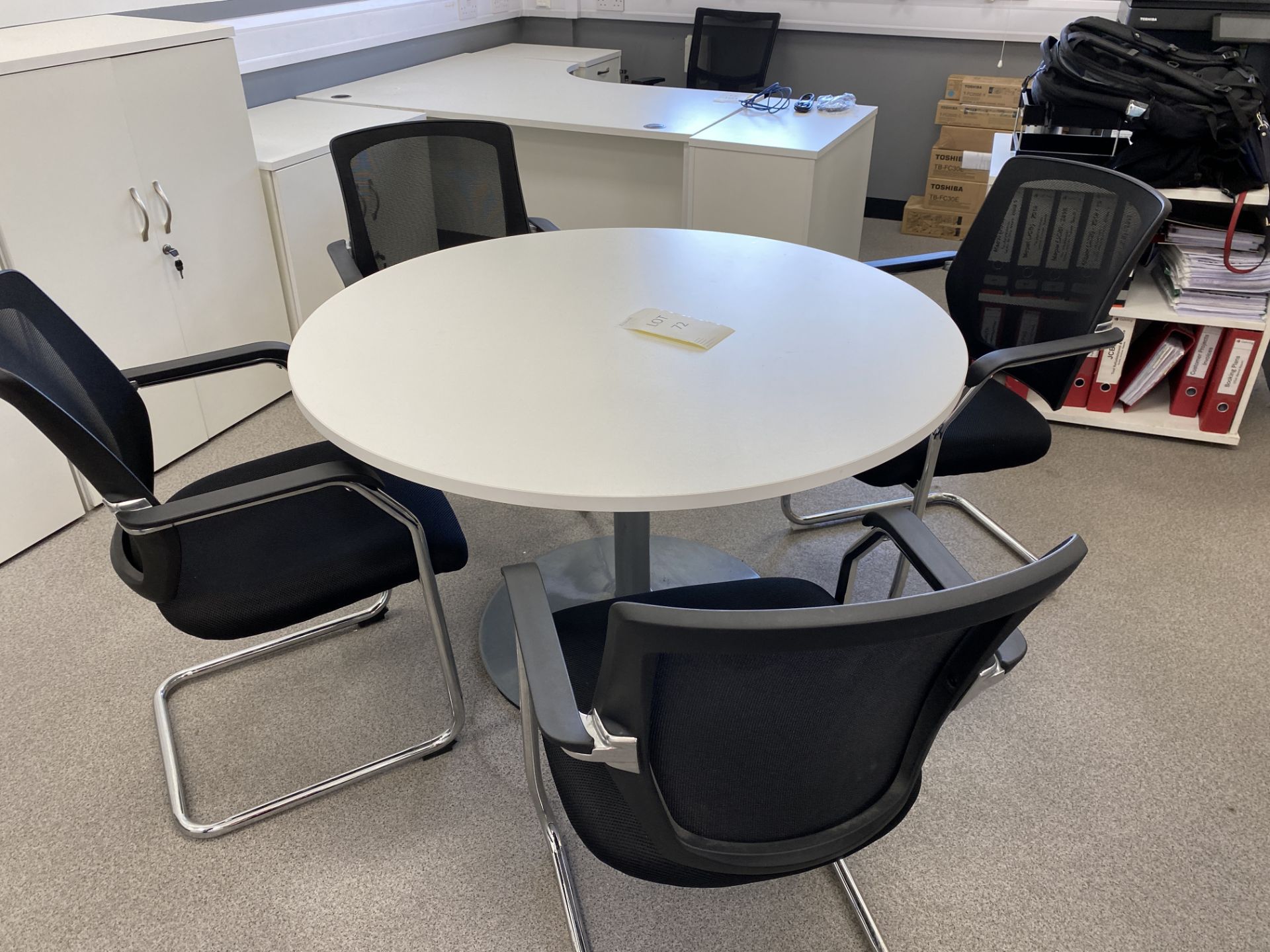 Round White Melomine Office Desk with 4 Chairs