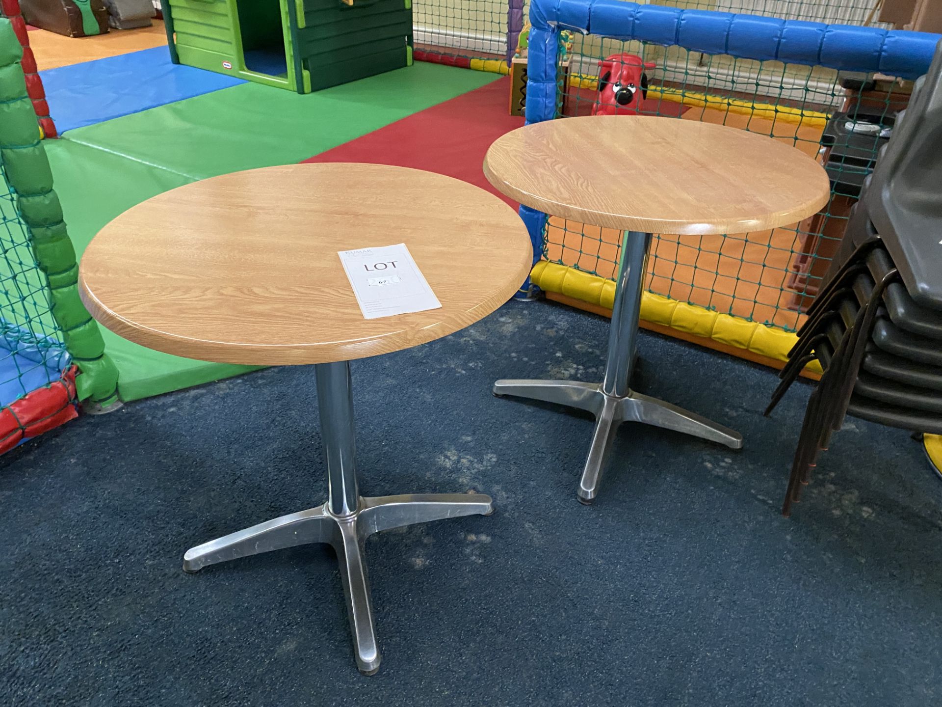 2x Light Oak Effect Circular Tables with Steel Frame