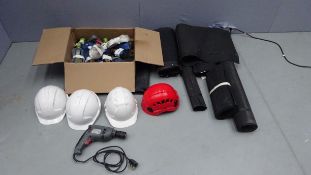 Assorted Rachet Straps, Hard Hats, Drill, Rubber Cable Mats,