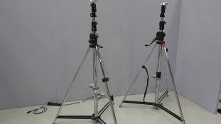 2 x Manfrotto Wind Up Lighting Stands Max weight load 30KG Max Height 370cm c/w 6 x Scaff Bars