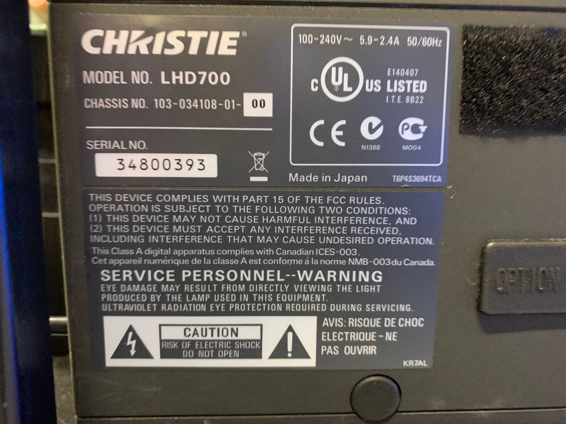 Christie LHD 700 Projector Serial No 34800393 DOM 2012 HDMI Input, DVI Input, VGA Input & Lamp - Image 2 of 6