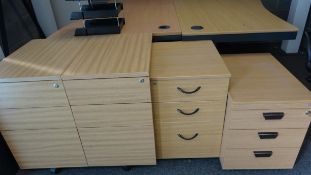 2 x Cured Desks, 2 Straight Desk, 3 x 3 Draw Cabinets, 1 Shutter Door Cabinet, 2 Draw Metal Cabinet