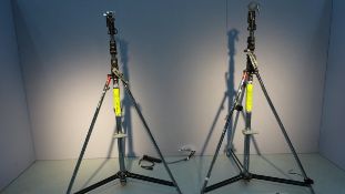 2 x Manfrotto Wind Up Lighting Stands Max weight load 30KG Max Height 370cm c/w 5 x Scaff Bars