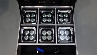 6 x Chauvet Well Fit Wireless IP65 Rated LED RGBA Battery UpLights c/w Flight Case Charging