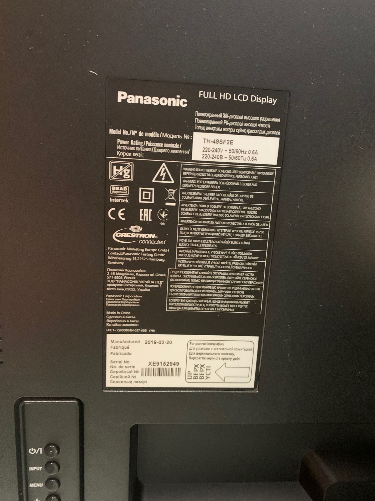 Panasonic 49" Full HD LCD Display TH-495F2E Plasma Screen Serial No XE9222437 DOM 03/2019 2 HDMI - Image 2 of 3