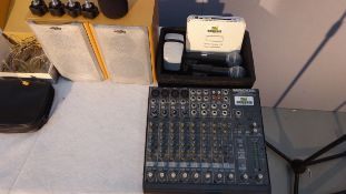 Box c/w Mackie Small Mixer, 2 Desk Top Speakers, Assorted Bits & Bobs