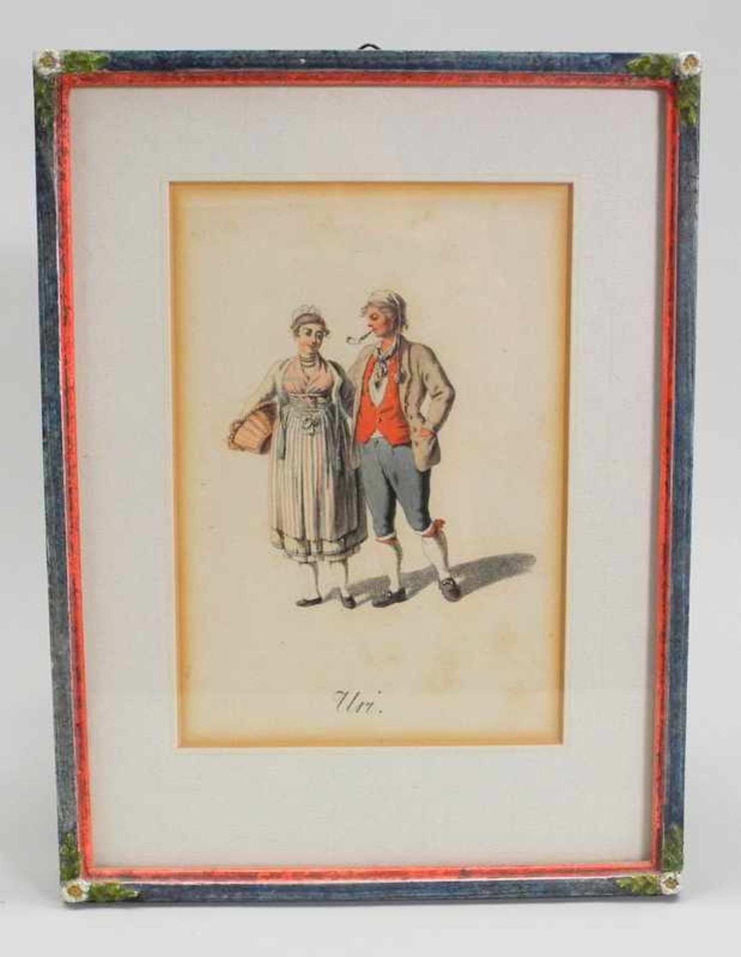 Schweizer TrachtenpaarHandkolorierte Lithographie/Papier. Stehendes Paar, die Frau einen Korb - Bild 2 aus 3