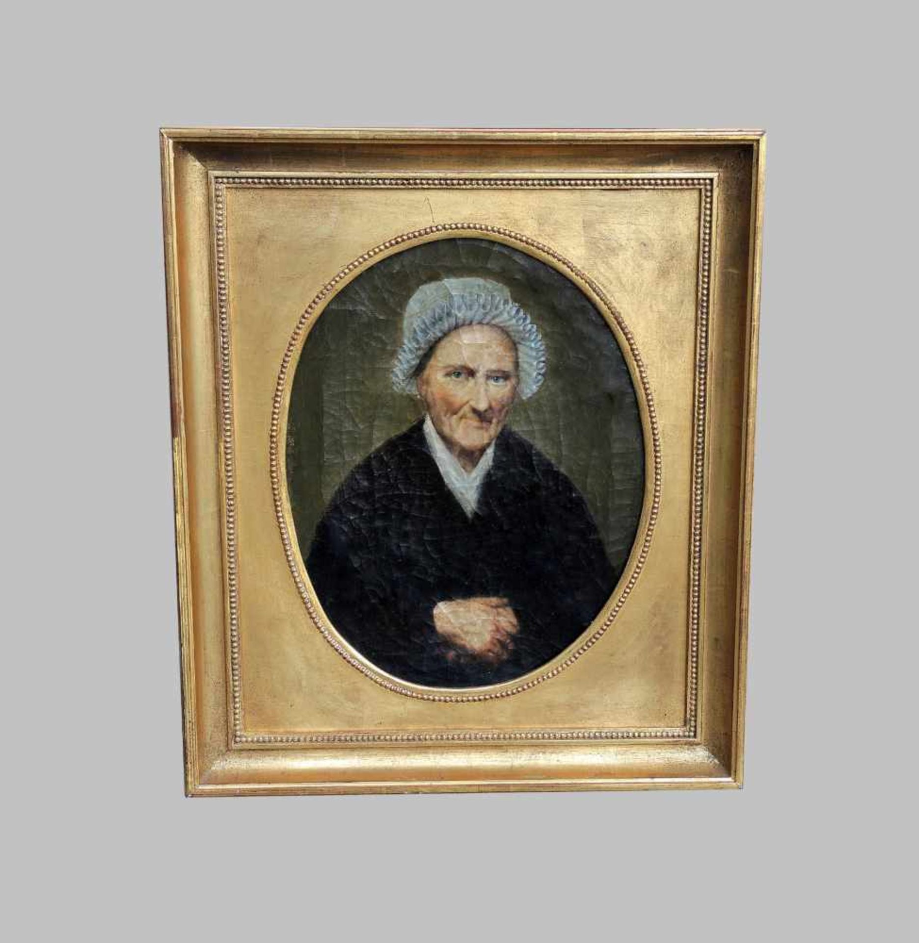 Damenporträt im OvalÖl/Leinwand. Halbporträt einer feinen dunkel gekleideten, älteren Dame mit