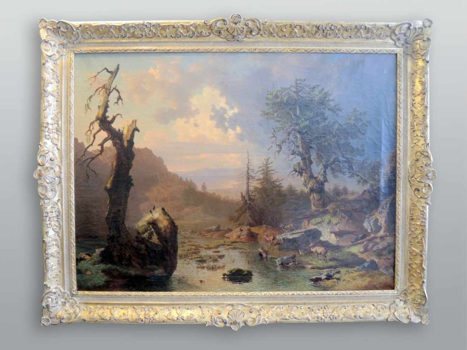 Heinrich Heinlein, 1803 Weilburg - 1885 MünchenÖl/Leinwand. Gebirgsbach mit Hirsch und - Image 2 of 5