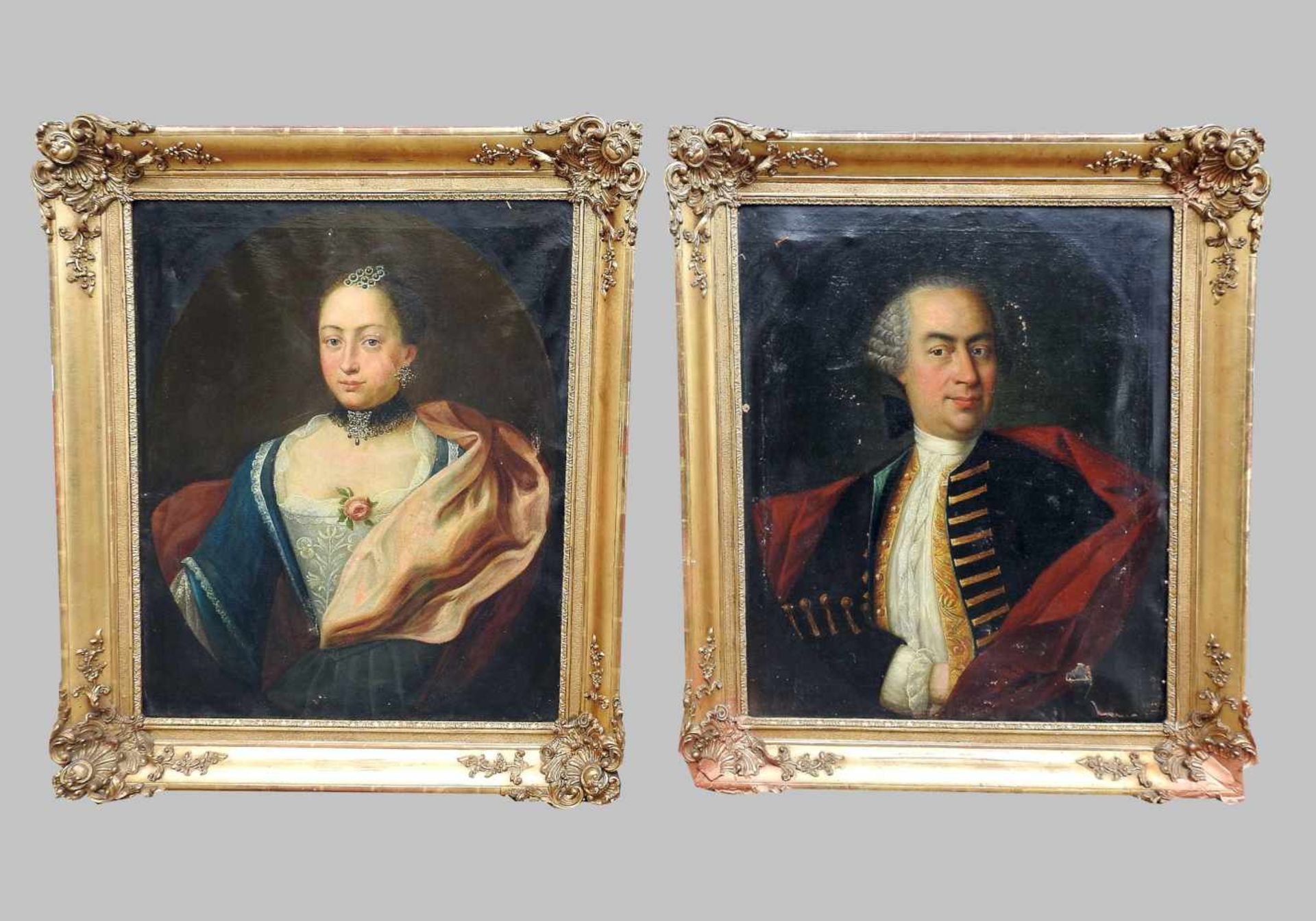 Adels-PorträtsÖl/Leinwand. Paar Bildnisse einer Dame mit blauem Kleid und roter Drapierung und eines