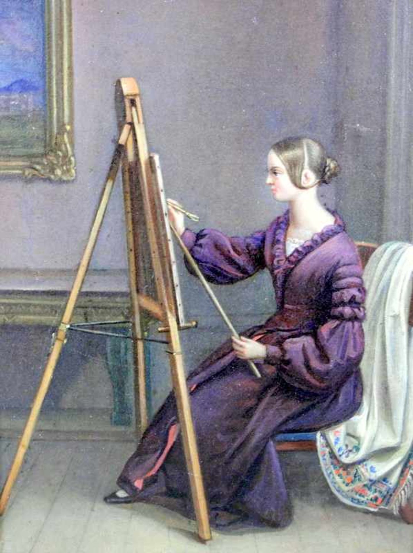 Die Künstlerin an der StaffeleiÖl/Malkarton, doub. Sitzende Dame im purpurfarbenen Kleid vor der