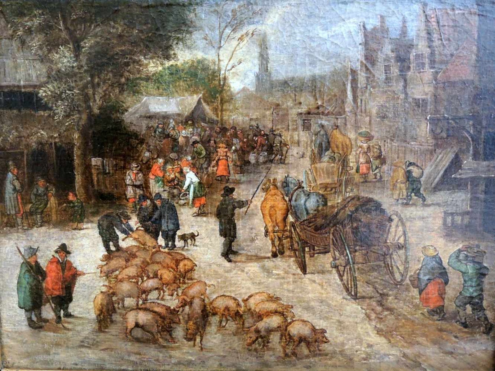 Jan Breughel d. J. WerkstattÖl/Holz. Schweinemarkt. Zahlreiche Personenstaffage in einem