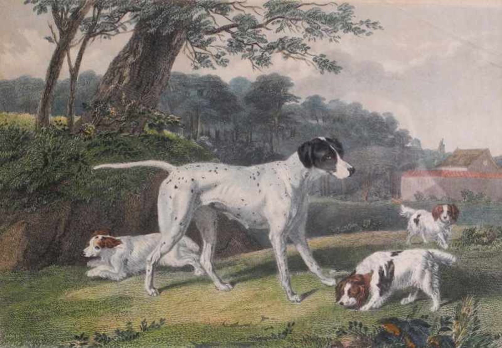 Eduard Hacker, 1813 England - 1905 ebendaStahlstich/Papier. Jagdhunde im Wald, nach Abraham