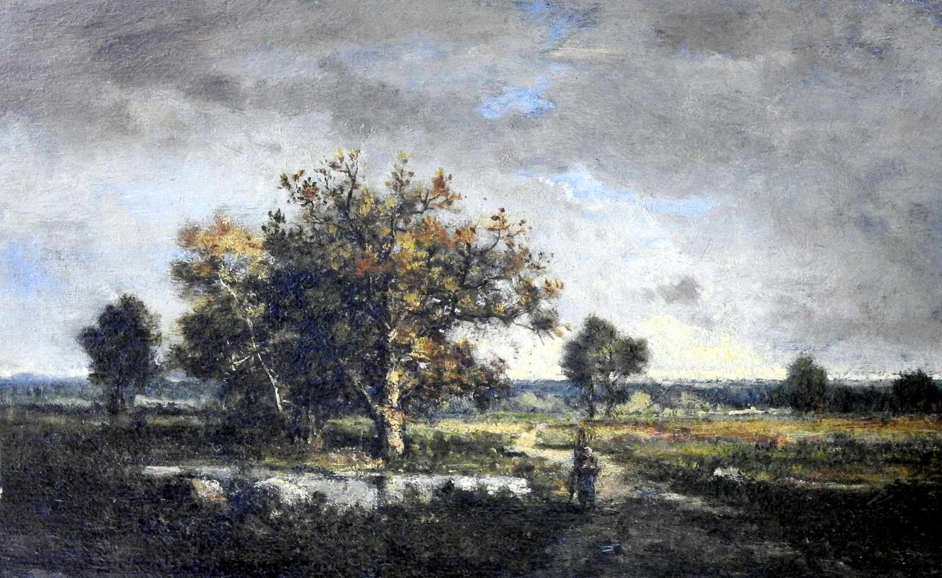 Louis Victor Watelin, 1835 Paris - 1907 ebendaÖl/Holzpanel. Landschaftsszene mit nahender Bäuerin.