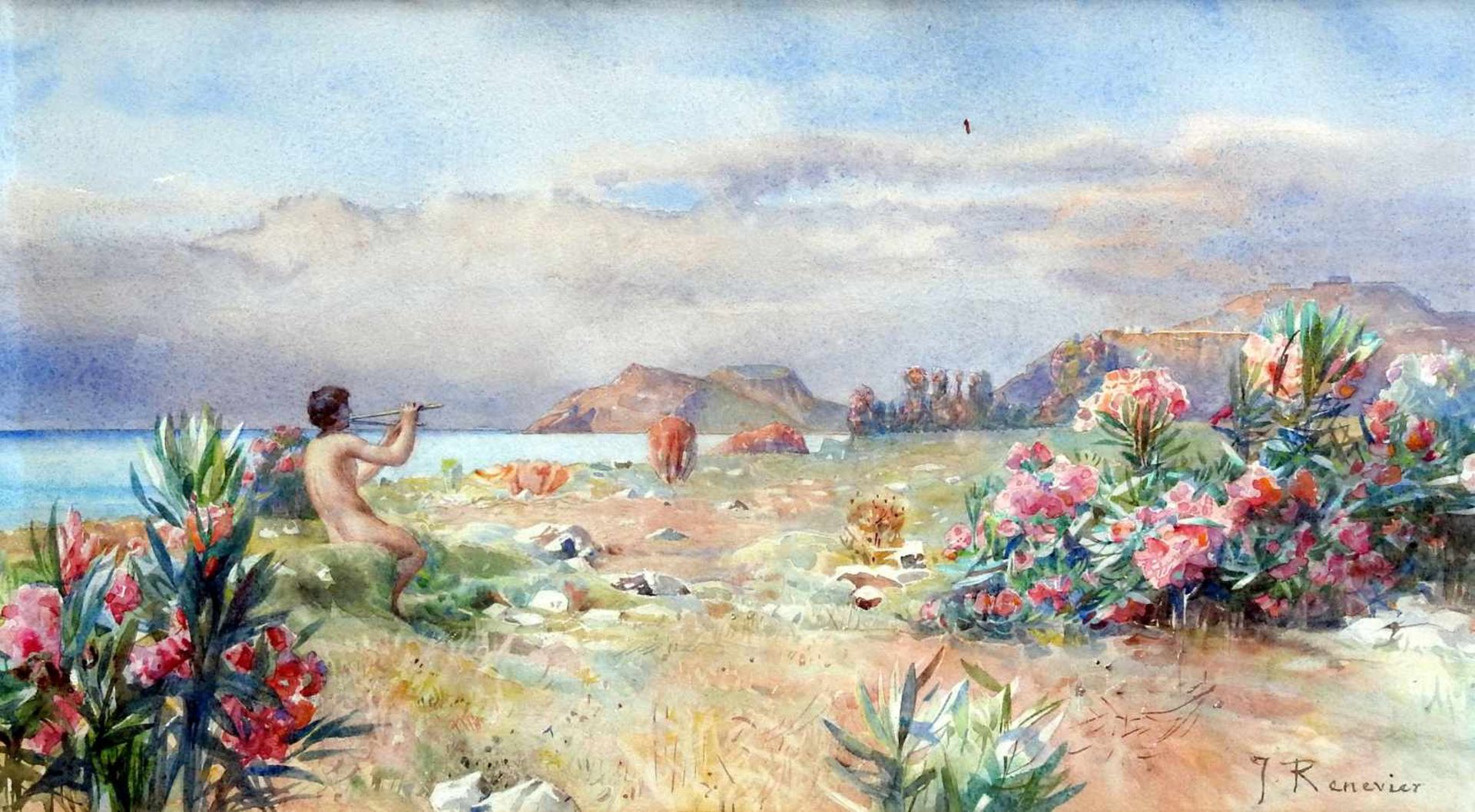 Julien Renevier, 1847 Lausanne - 1907 ebendaAquarell/Papier. Musizierender Jüngling in