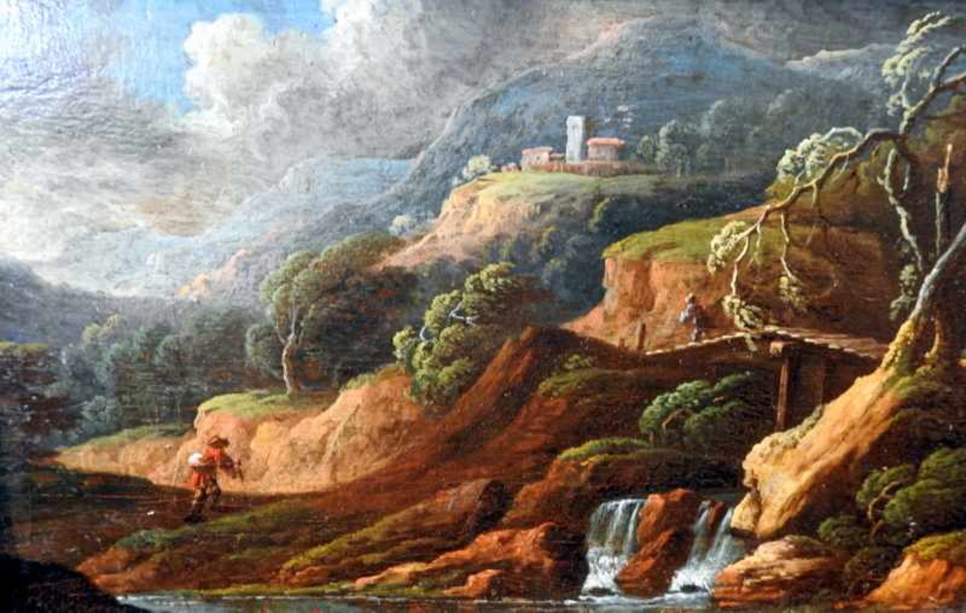 Landschaft mit WandererÖl/Holz. Gebirgslandschaft mit kleinem Wasserfall, Wanderern und Gebäuden.