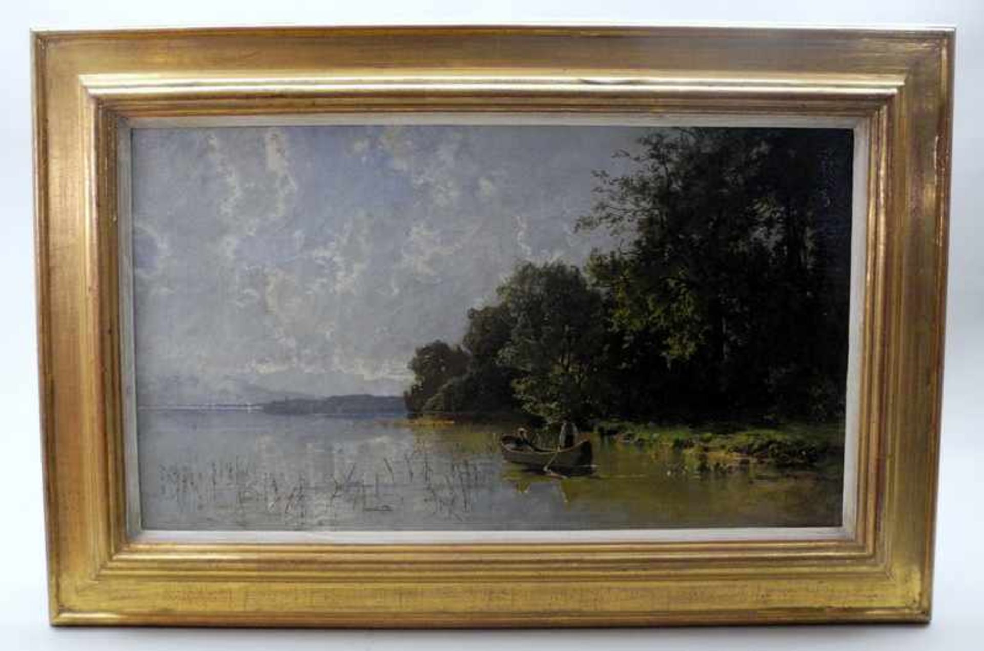 August Fink, 1846 München - 1916 ebendaÖl/Leinwand. Partie mit Ruderboot am Chiemsee. 1872 kam der - Image 2 of 4