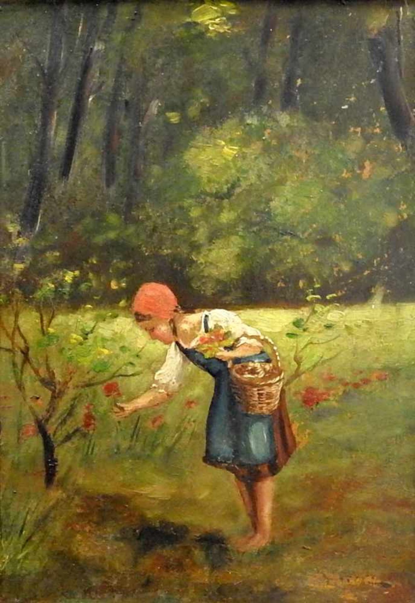 Beim BlumenpflückenÖl/Malkarton. Mädchen mit roter Kappe am Waldrand beim Blumenpflücken.