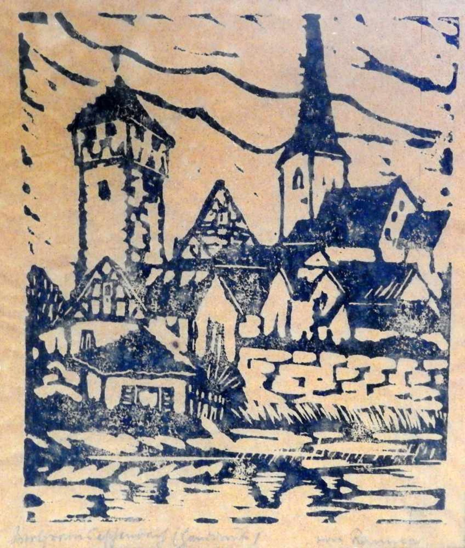 Ansicht einer BurgHolzschnitt/Papier. Ansicht einer Burg. Am unteren Rand mit Bleistift teils