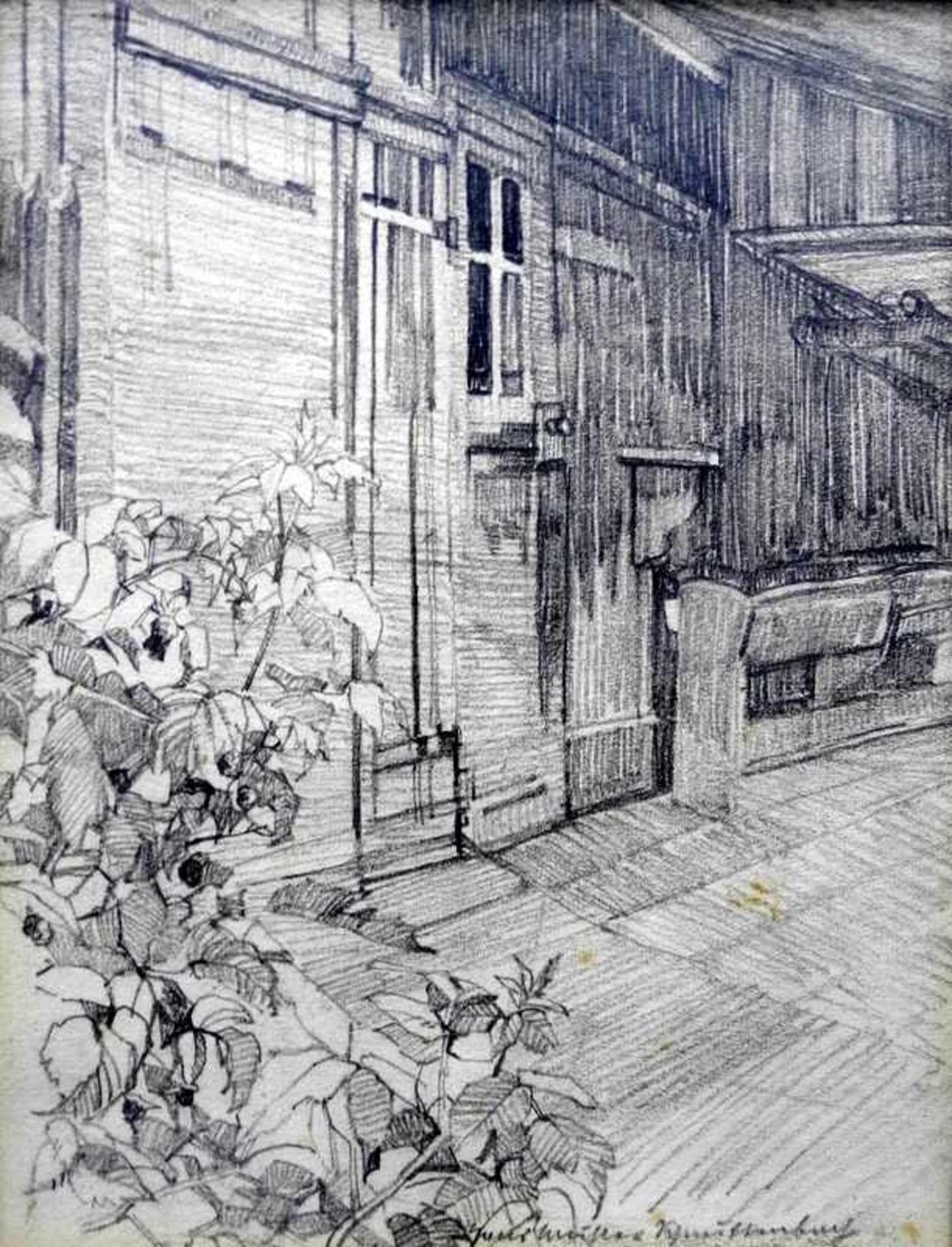 Hans Müller-Schnuttenbach, 1889 München - 1973 RosenheimBleistift/Papier. "Hinterhof". Rechts