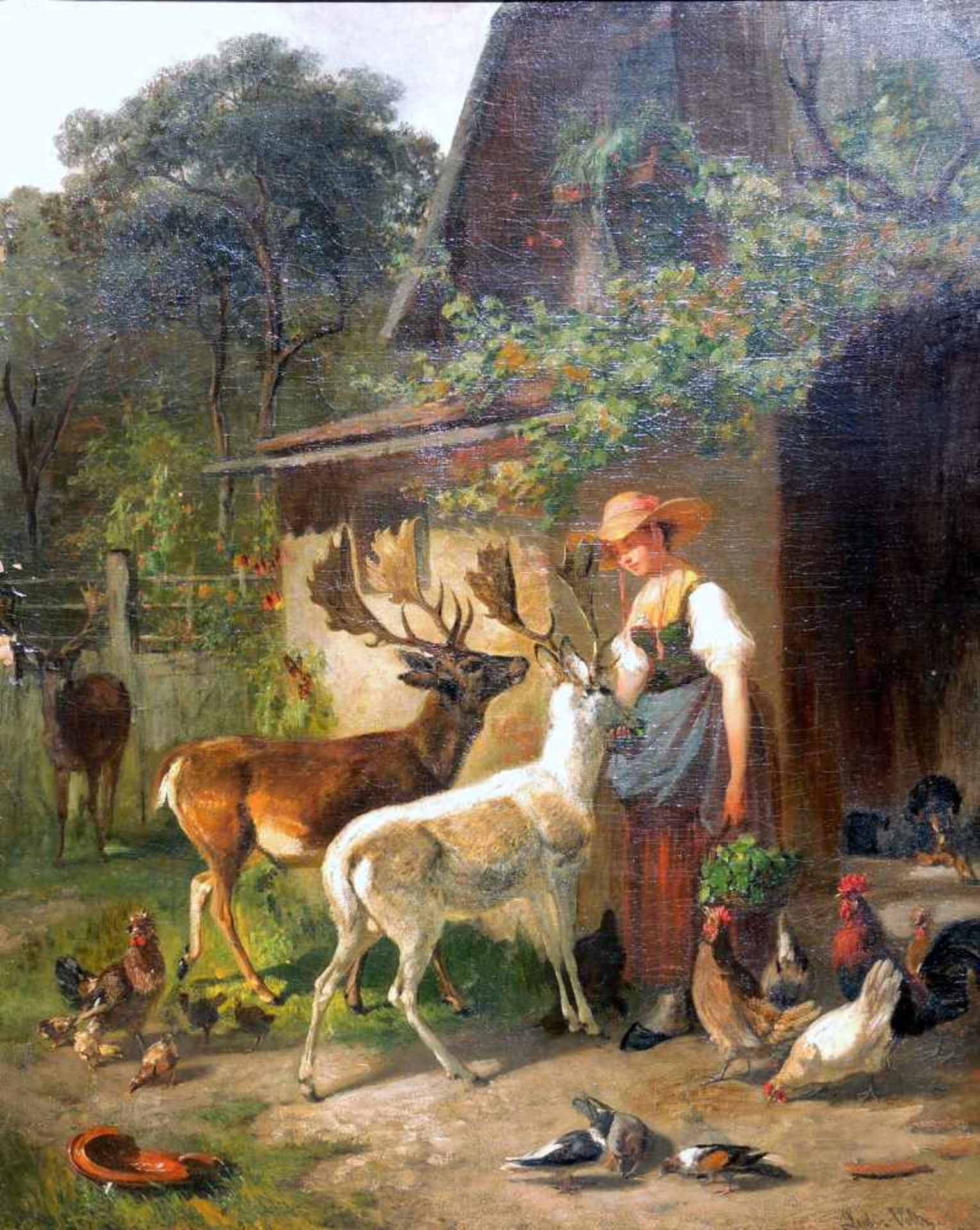 Ludwig Gustav Voltz, 1825 Augsburg - 1911 MünchenÖl/Holz. Junges Bauernmädchen bei der Hirsch-