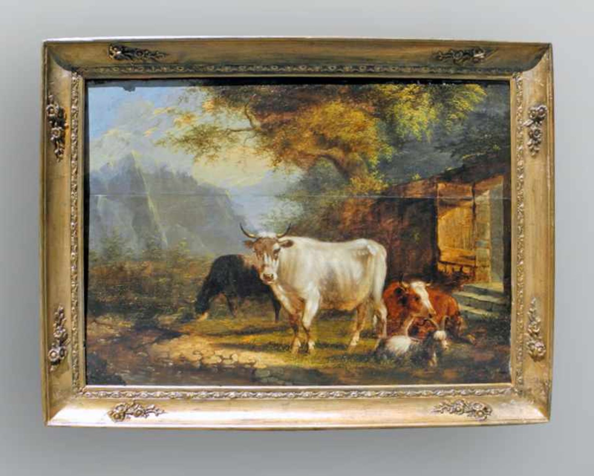 Paulus Potter NachfolgerÖl/Holz, Vieh bei der Tränke vor einer Gebirgslandschaft. Die Mal-Art, sowie - Image 2 of 3