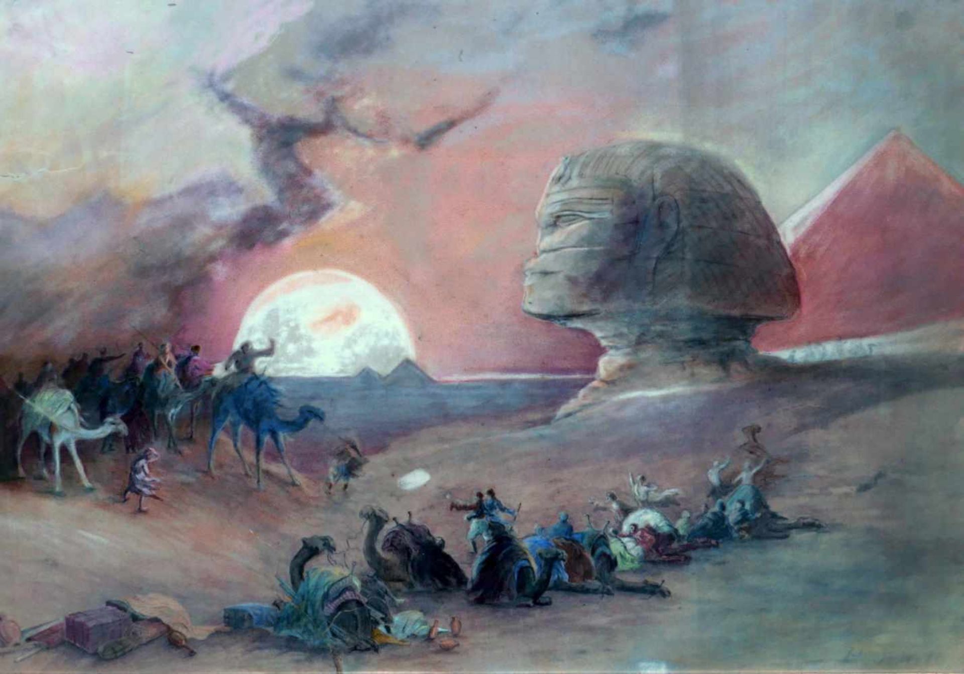 Beginnender Sturm in der Wüste bei den Pyramiden von GizehPastell/Papier. Karawane vor der Sphinx