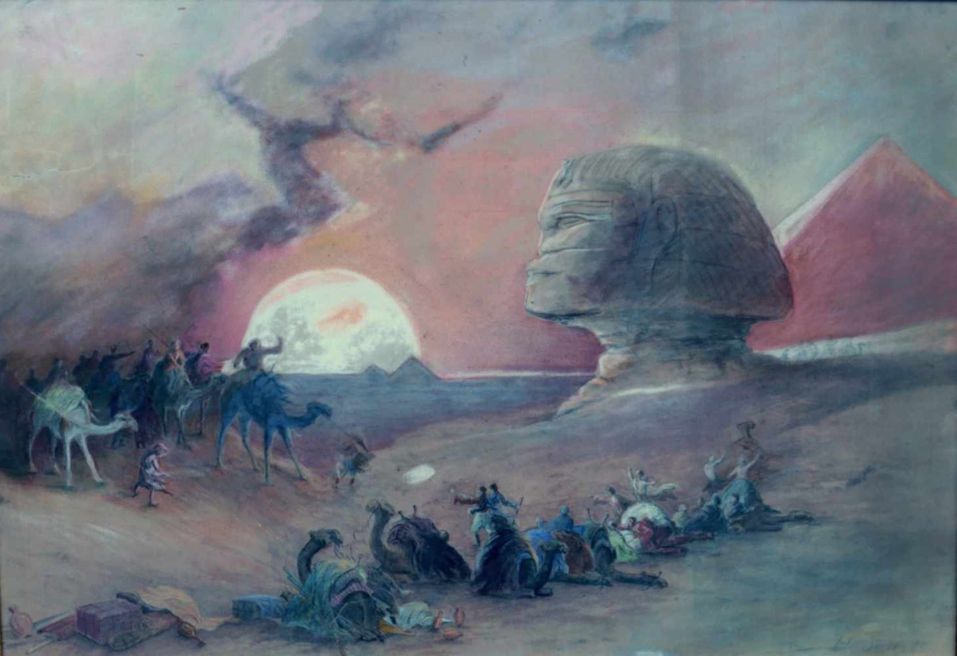 Beginnender Sturm in der Wüste bei den Pyramiden von GizehPastell/Papier. Karawane vor der Sphinx - Bild 2 aus 6