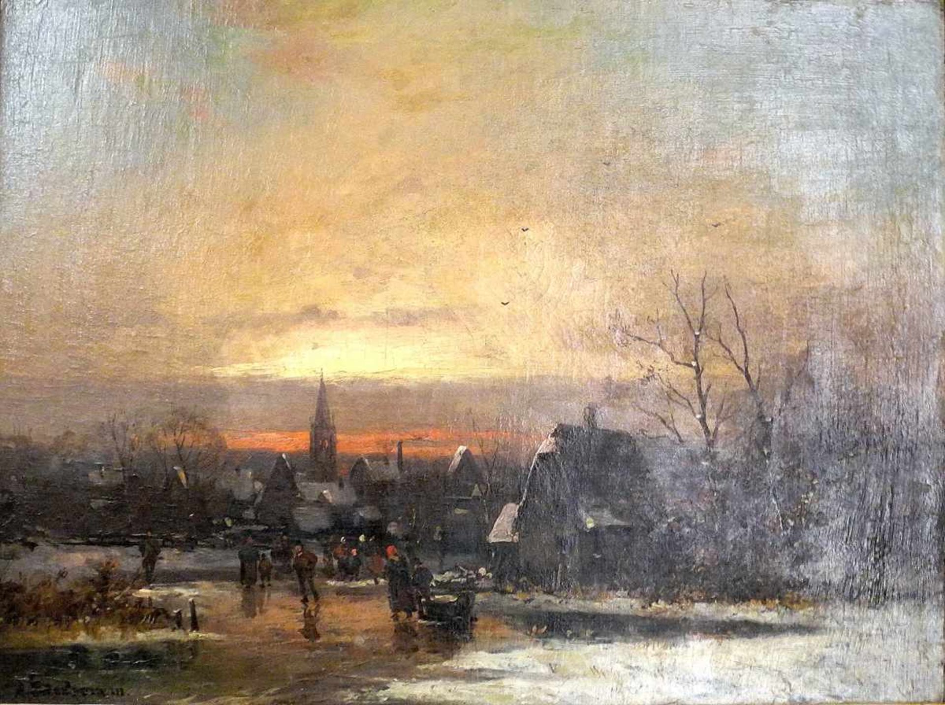 Adolf Stademann, 1824 München - 1895 ebendaÖl/Leinwand. Winterlandschaft bei Sonnenuntergang. Für