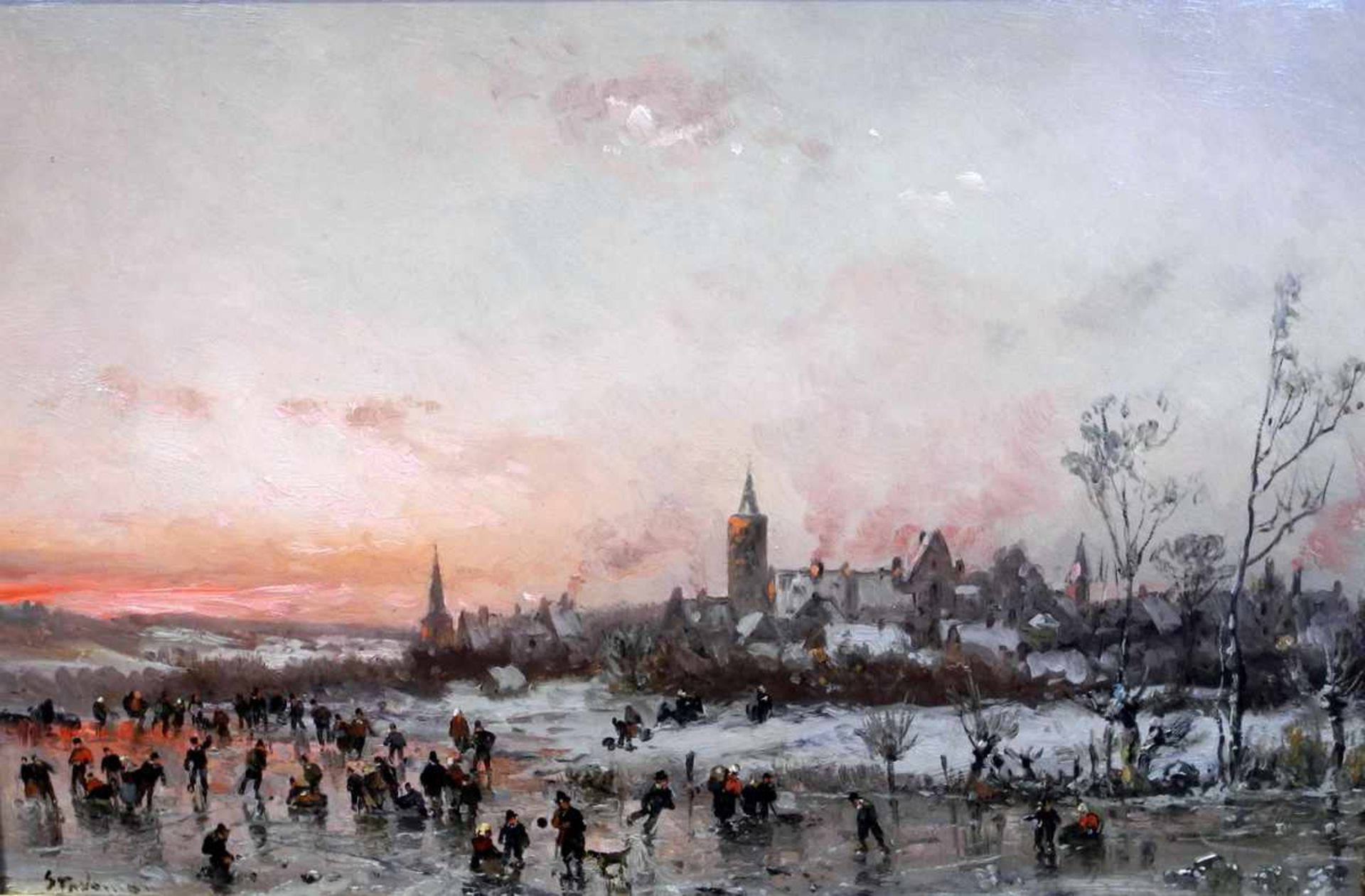 Adolf Stademann, 1824 München - 1895 ebendaÖl/Malkarton. Eisvergnügen bei Abenddämmerung. Links