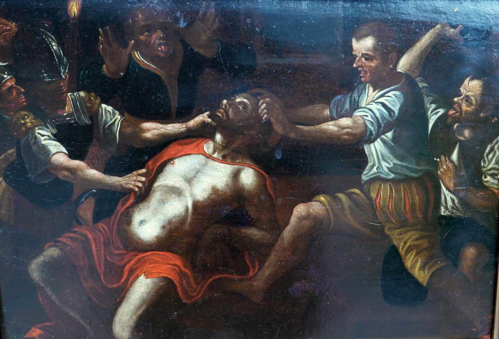 Geißelung ChristiÖl/Holz. Dieses italo-flämische Gemälde zeigt die Geißelung Christi. Die in dunklen