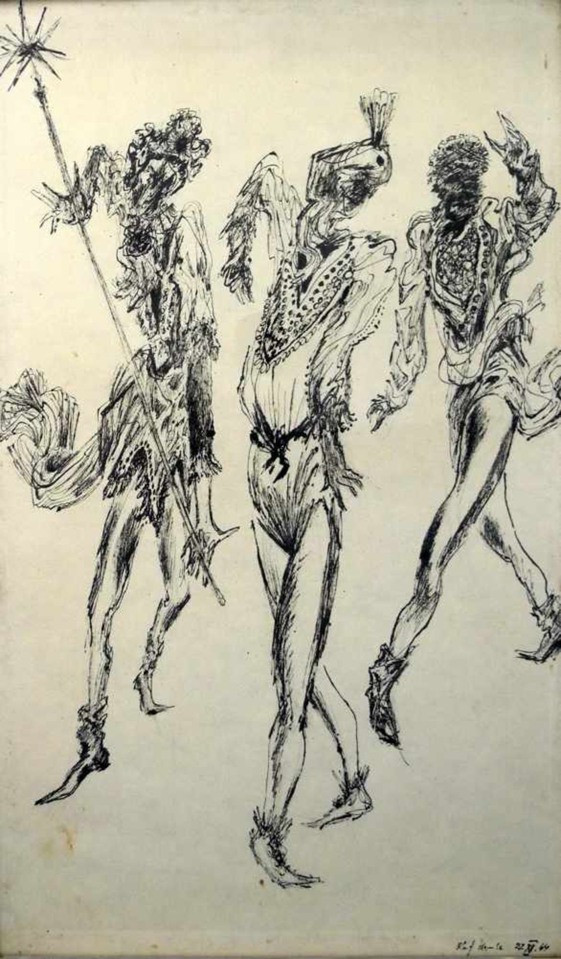 MoriskentänzernTusche/Papier, Bewegungsvolle Darstellung von 3 Moriskentänzern. Unten rechts