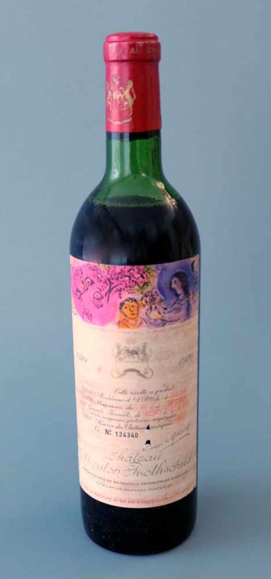 Chateau Mouton RothschildJahrgang 1970, Inhalt 1500 ml. Etikett mit einem Kunstwerk von Marc