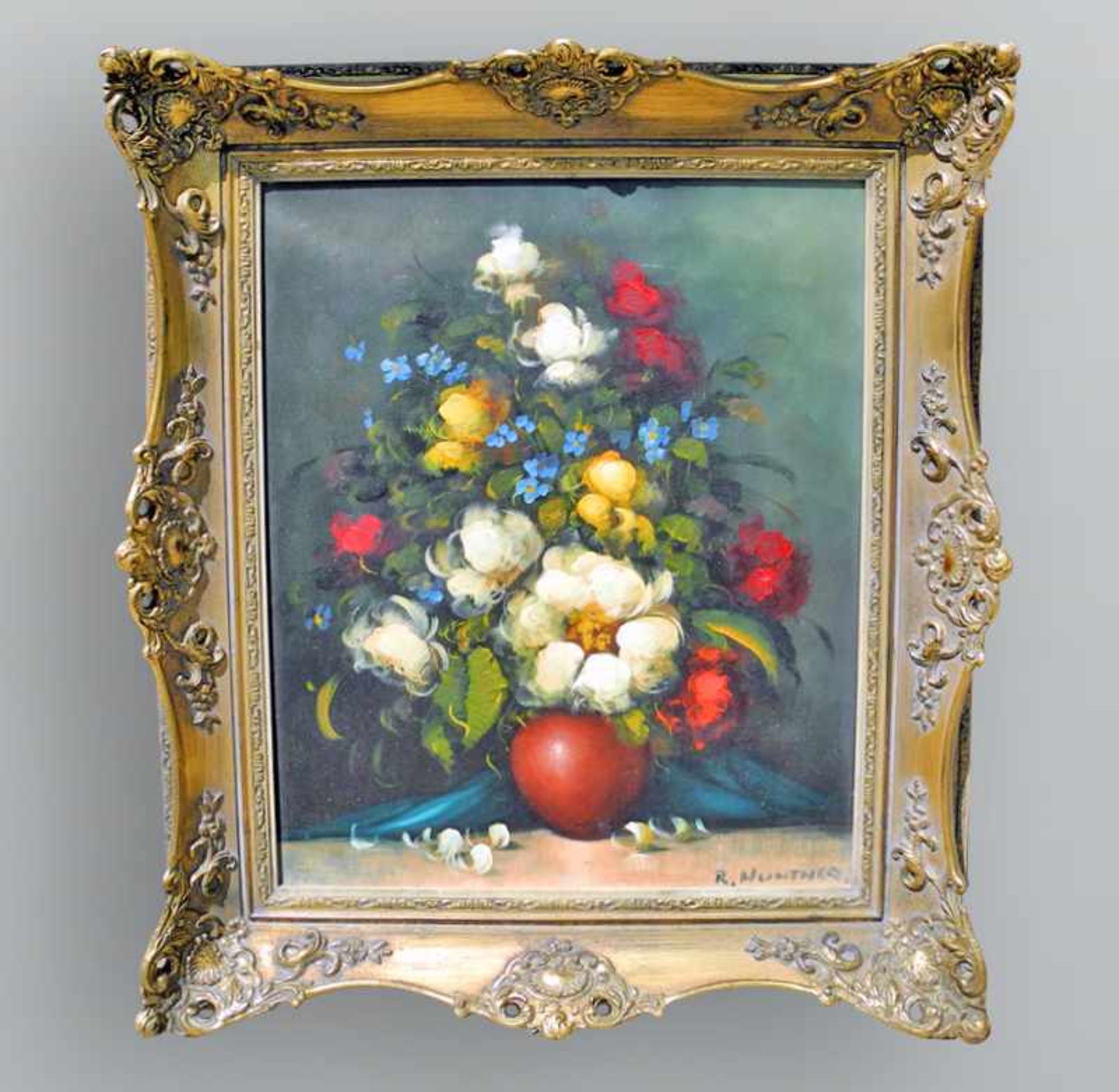 Farbenfrohes BlumenstilllebenÖl/Leinwand. Prächtiges Blumenstilleben in bauchiger, roter Vase vor - Bild 10 aus 10