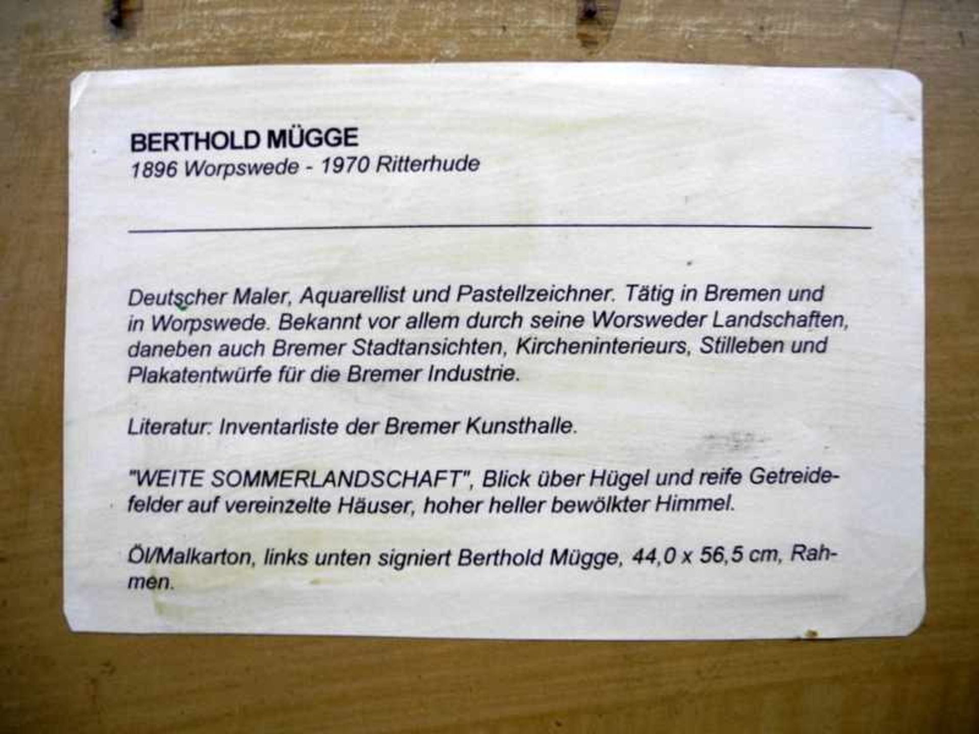 Berthold Mügge, 1896 Worpswede - 1970 RitterhudeÖl/Holz. Weite Wiesenlandschaft mit Häusern. - Bild 5 aus 5