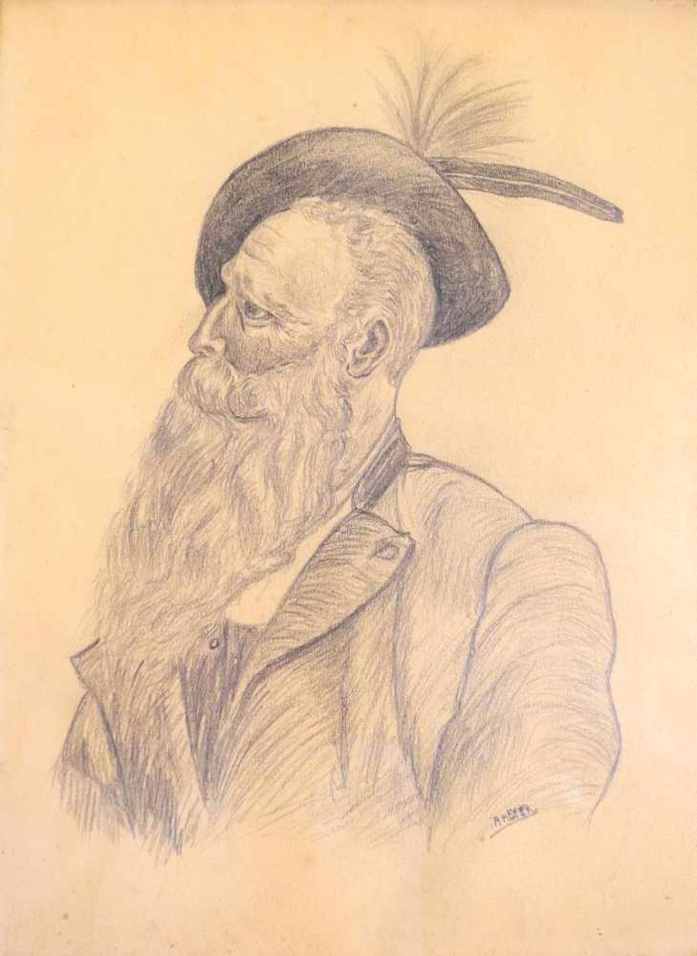 Porträt eines bärtigen MannesZeichnung/Papier. Profildarstellung eines Mannes mit Hut. Rechts
