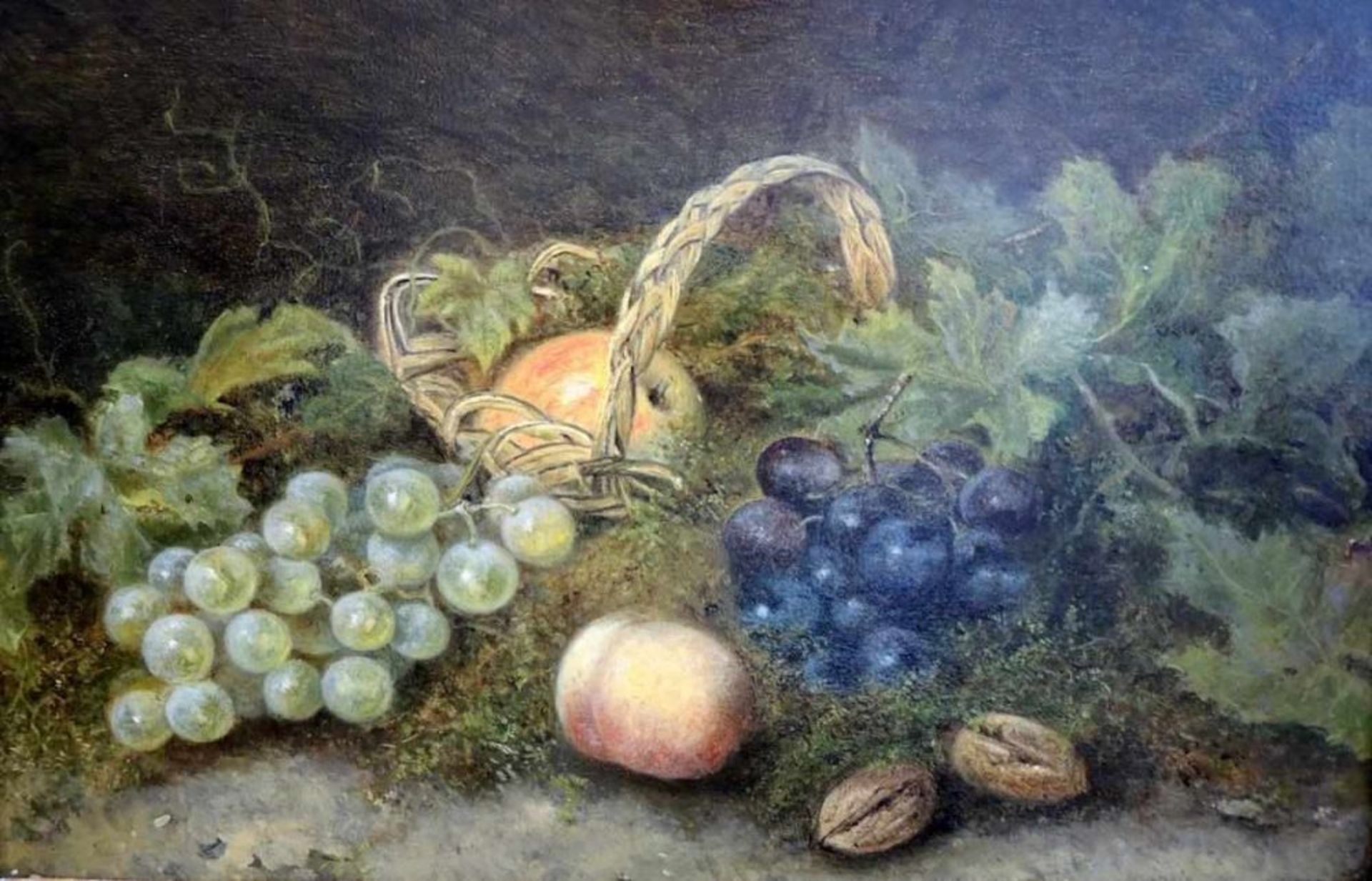 Marie van Os, 1780 Haag - 1862 ebendaÖl/Holz. Stillleben mit Obstkorb. Verso am Klebezettel