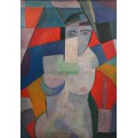 FrauenaktÖl/Leinwand. Frauenakt mit umrahmenden kubistischen Elementen. Links oben "Würfel"