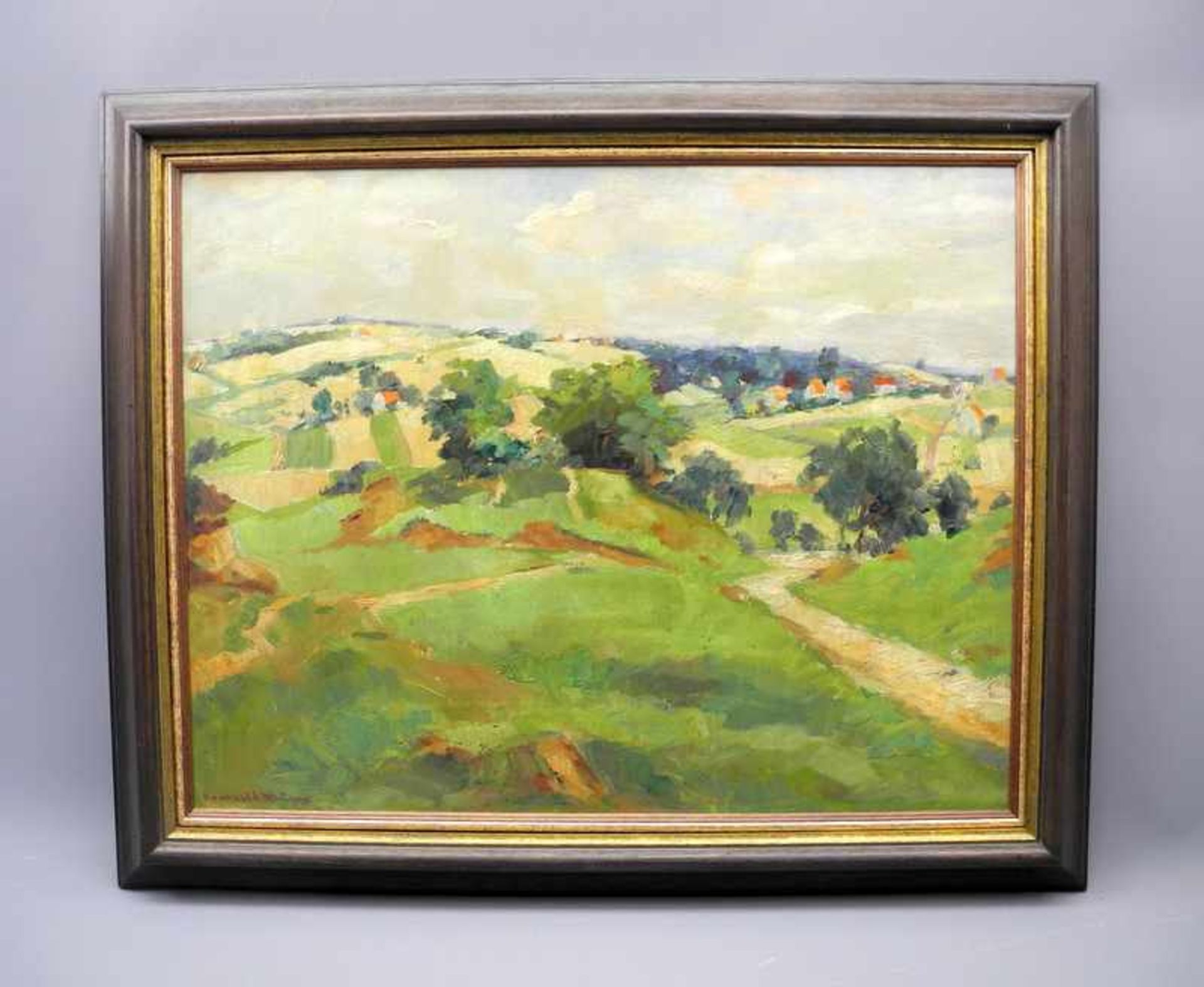 Berthold Mügge, 1896 Worpswede - 1970 RitterhudeÖl/Holz. Weite Wiesenlandschaft mit Häusern. - Bild 2 aus 5