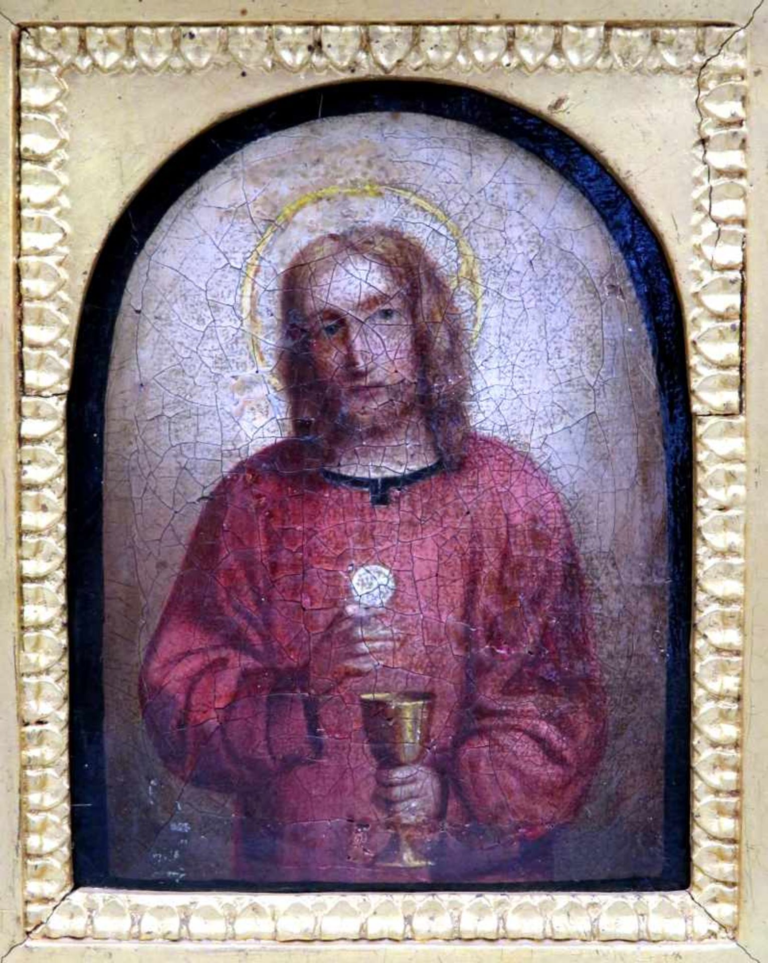 Jesus Christus mit den eucharistischen GestaltenÖl/Leinwand. Kleines Gemälde im Halbrund, Christus