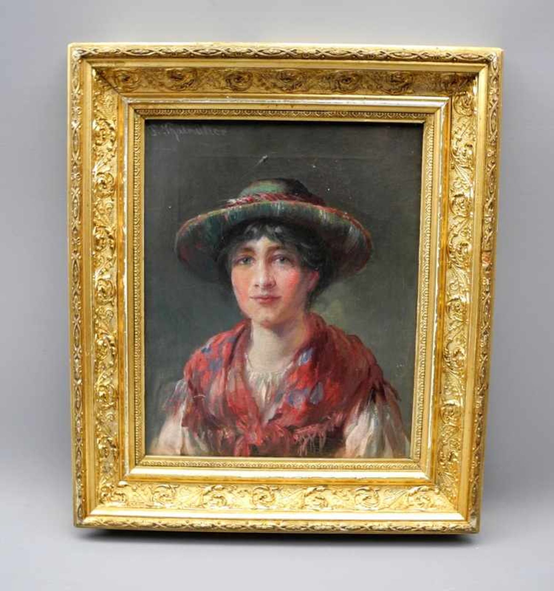 Dame mit SchultertuchÖl/Leinwand. Porträt einer Frau mit grünem Hut und Schultertuch. Links oben "F. - Bild 2 aus 2