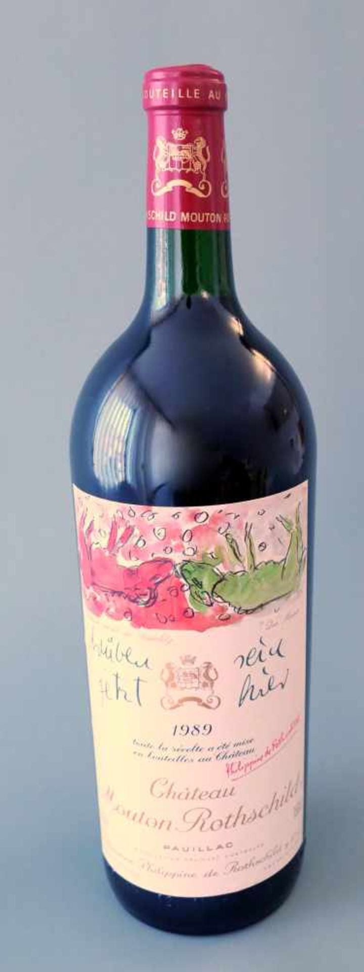 Chateau Mouton RothschildJahrgang 1989, Inhalt 1500 ml. Etikett mit „Die Mauer“ Kunstwerk von